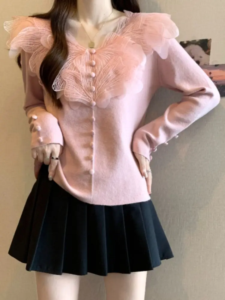 النمط الفرنسي سليم صالح الخامس الرقبة الدانتيل لصق تريكو كم طويل المرأة قاعدة قميص مريح جديد عصري تريكو الأعلى