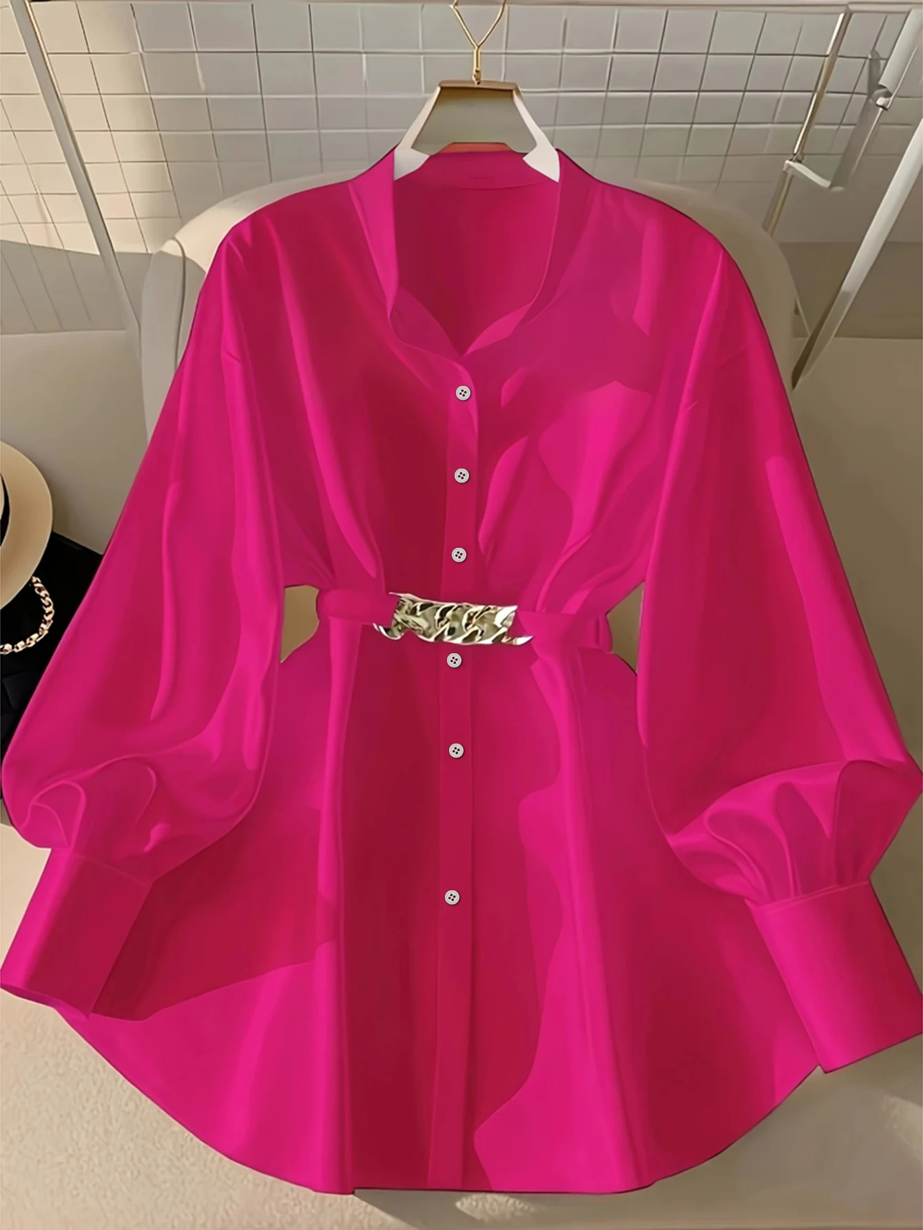 

Женская приталенная рубашка с круглым вырезом и длинными рукавами во французском однотонном стиле для осеннего офисного женского модного топа