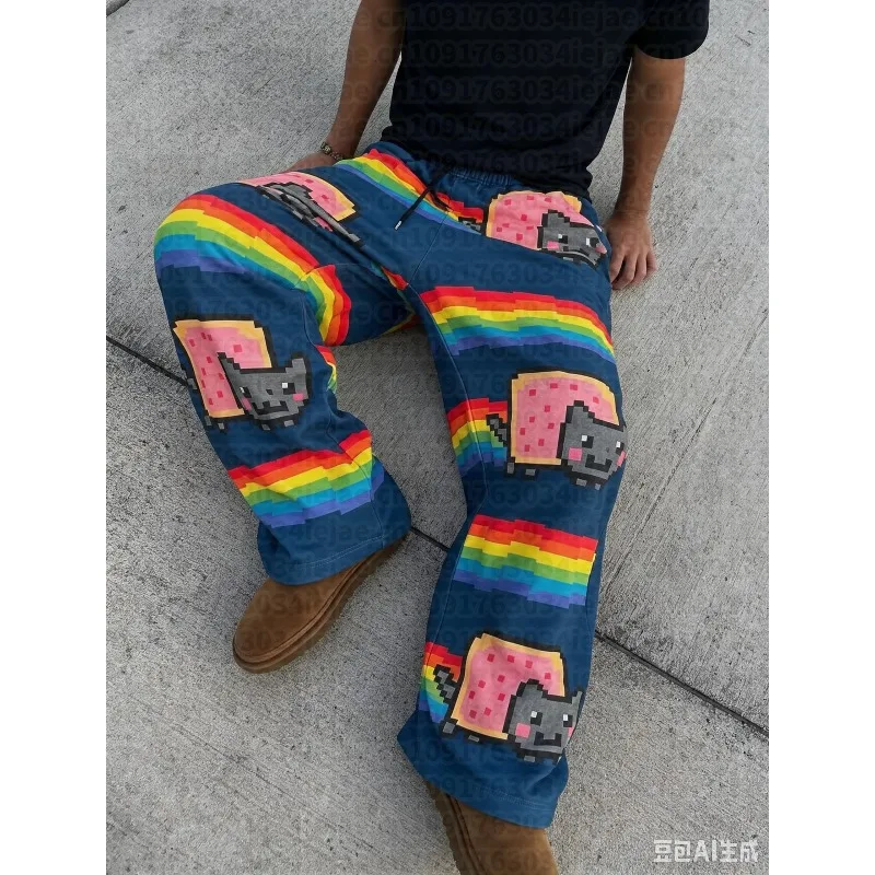 Hip Hop Cartoon Cat Pink Men Women Casual Pants Y2k Harajuku Loose Drawstring Jogging Family Trousers Street Kids Sweatpants