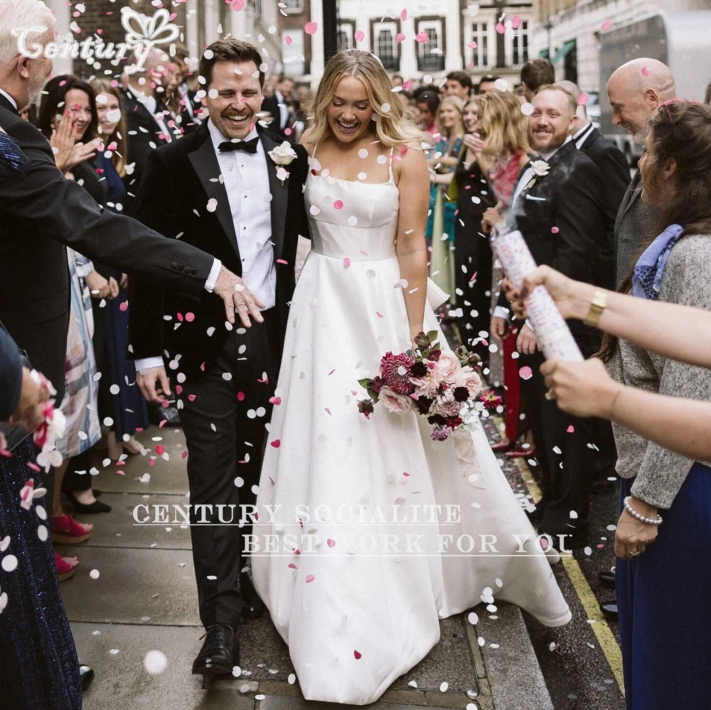 Vestido de casamento de cetim com laço, alças espaguete, costas nuas, vestidos de noiva simples, vestidos de novia personalizados