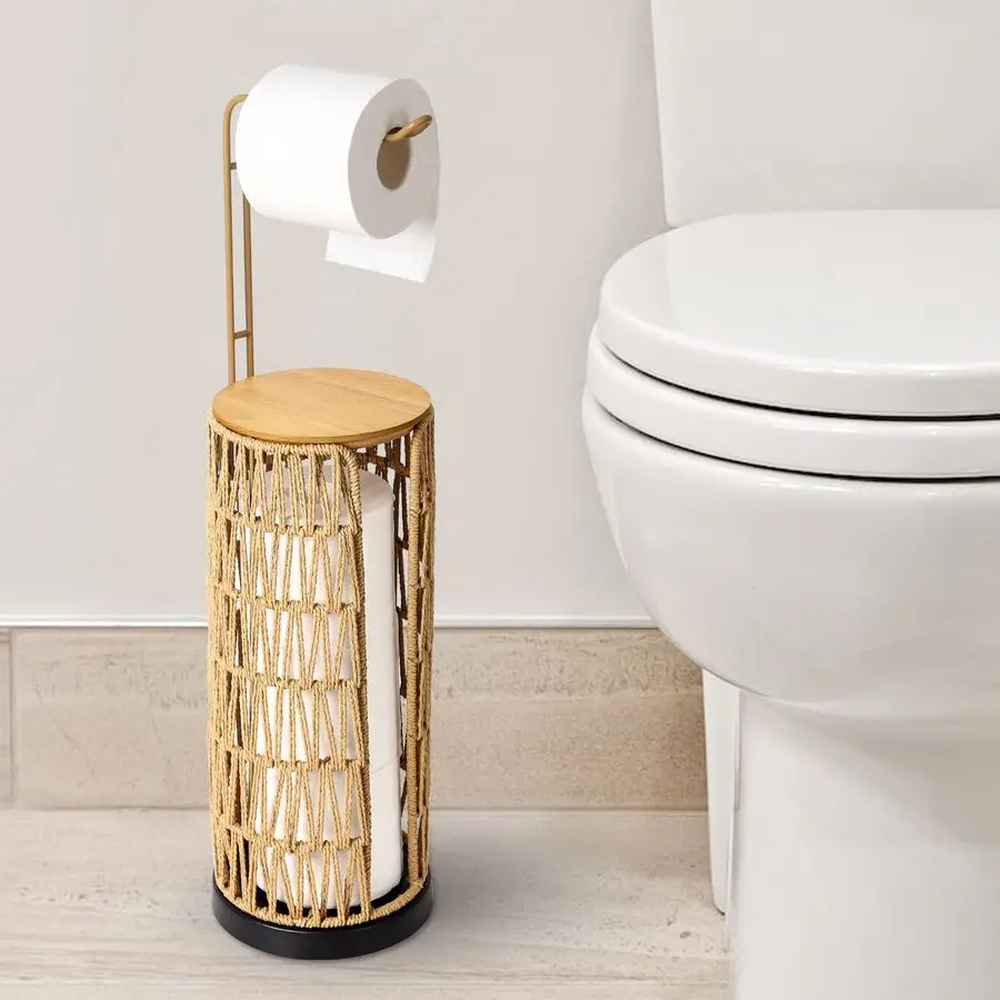 

Toilet Paper Holder with Storage,3 Rolls of Tissue Holder for Bathroom,Handmade Woven Toilet Paper Roll Holder Stand,Rattan Stur
