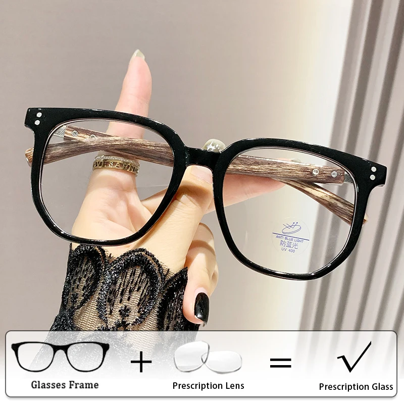 おしゃれなレトロ風オーバーサイズフレーム、ブルーライトカット、カスタムメイドメガネ、流行の木目調、高解像度、度付きメガネ、ユニセックス