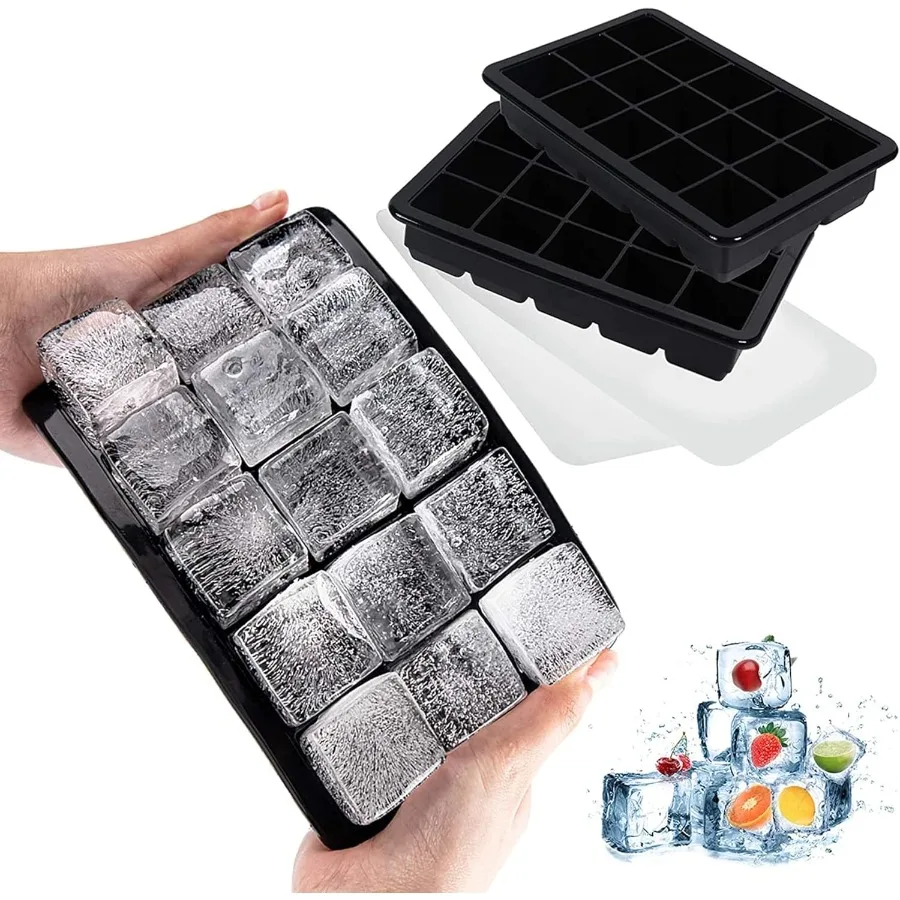 

Ice Cube Tray with Lid 2 Pack Silicone Ice Cube Molds Easy Release 15 Square Ice Cube per Tray BPA Free Flexible Reusable Stack