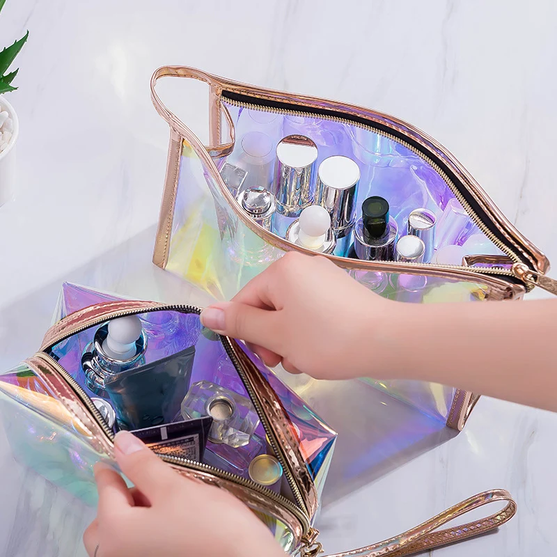 Transparent Pretty Makeup Bags Fashion Laser Travel Cosmetic Bag Toiletry Brush Bags Organizer Necessary Case Wash Make Up Box