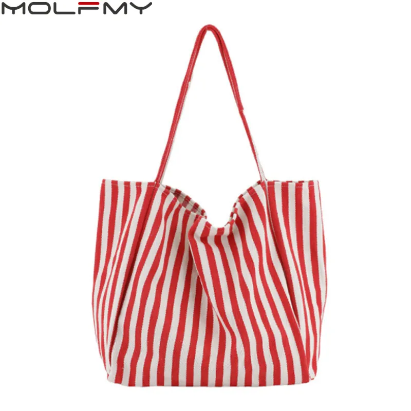 Bolsa de lona listrada clássica para senhoras, bolsa de ombro feminina de grande capacidade, bolsas simples casuais de praia, bolsa de compras, moda, 2022