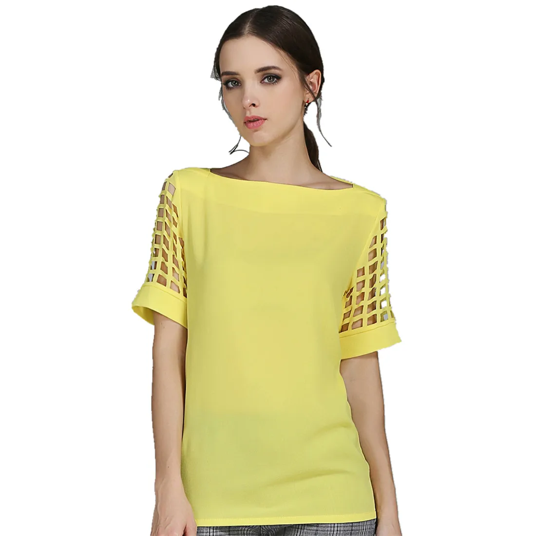 Summer Fashion Women Blouses & Shirts Hollow Out Sleeve Slash Neck Chiffon Blouse Plus Size - Image 3