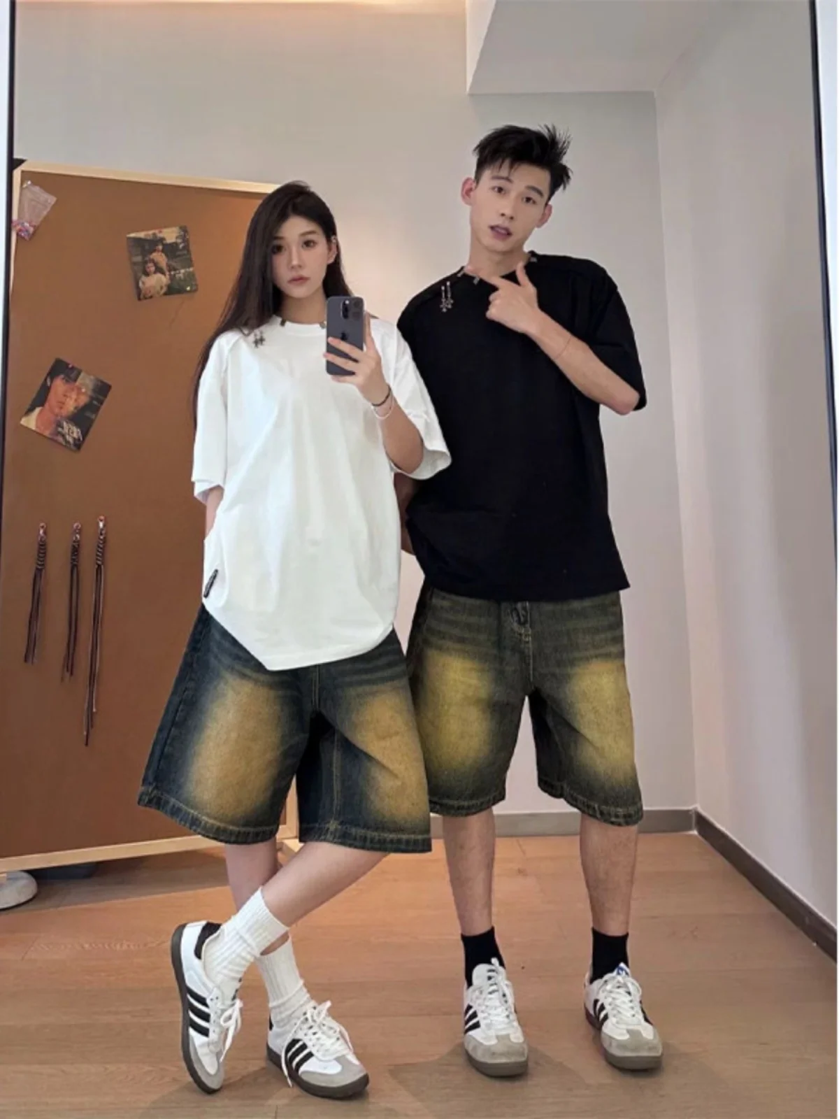 

Retro Blue Denim Men's ort orts Summer Thin Vintage Cleanfit American High Street over Knee Five-Quarter Mid-Pants