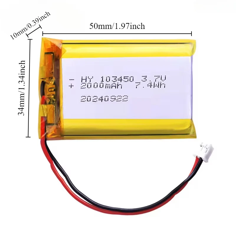 103450 3.7V 2000mAh Akumulator litowo-polimerowy z wtyczką 2.0mm 2-pinową do kamery, nawigacji GPS, MP5, PS4, 100% rzeczywista pojemność — zdjęcie produktu 2