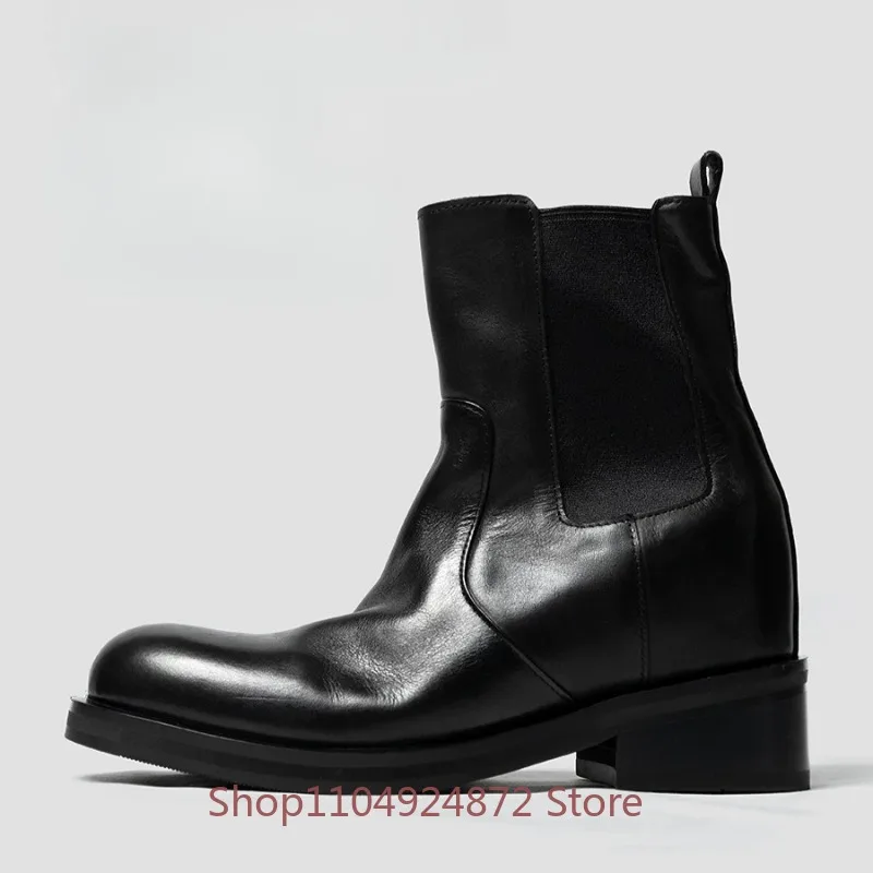 Genuine Leather Chelsea Boots Men's High Heels Height Increase Black Genuine Leather Elastic Side Street Fashion Ankle Boots