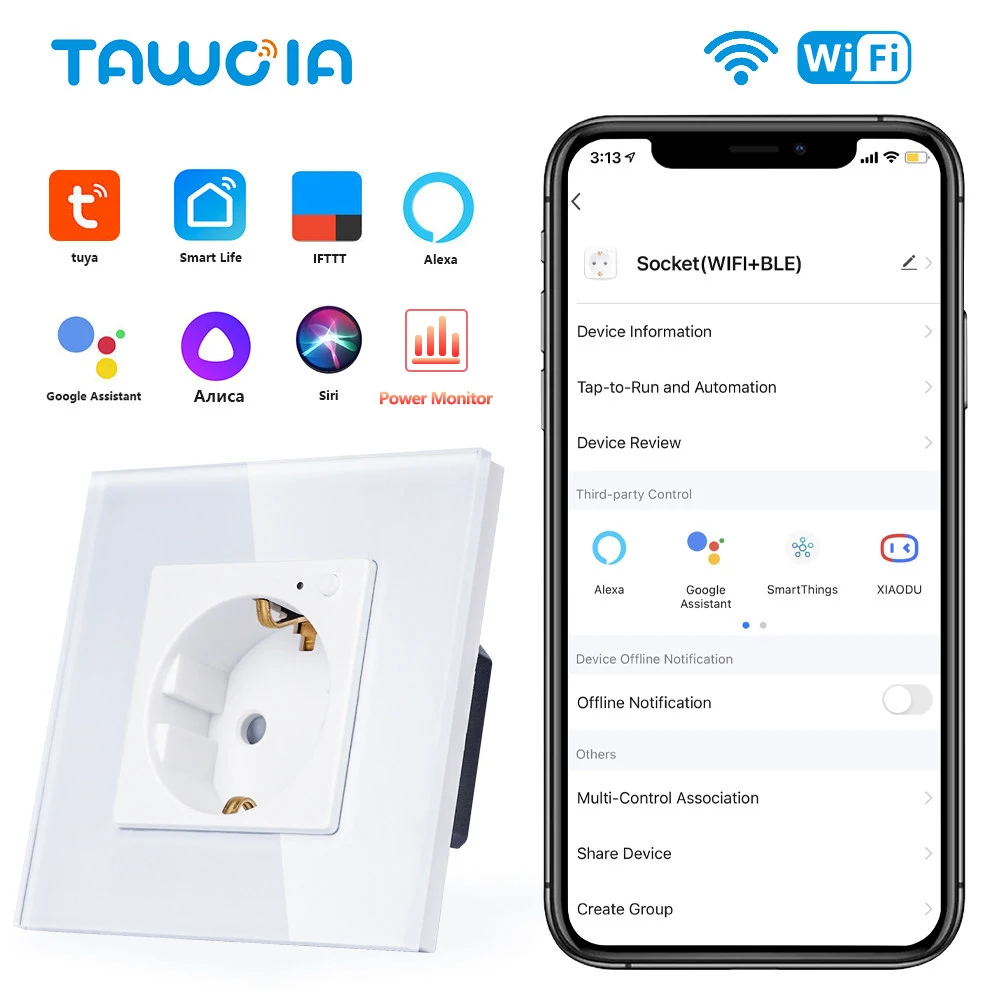 TAWOIA Wifi 벽 소켓 EU 표준 유리 프레임 전원 모니터 Alexa Tuya Google 홈 Yandex와 함께 작동하는 콘센트