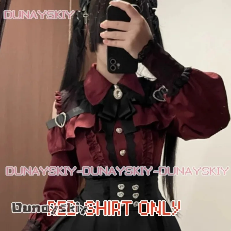 CyJirai kei-Conjunto de blusa Lolita para niña, Top, camisa de manga larga para mujer, faldas negras con lazo Kawii, camisas Y2K dulce estilo japonés para mujer S