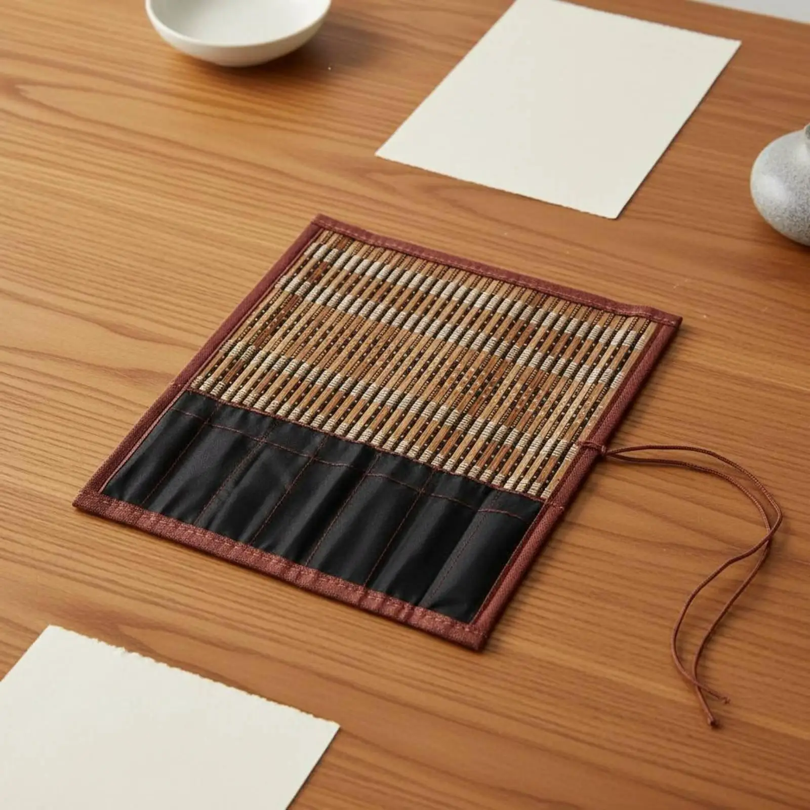 Elegant Bamboo Brush Storage Roll for Chinese Calligraphy Art Painting Tools Portable Desk Organizer