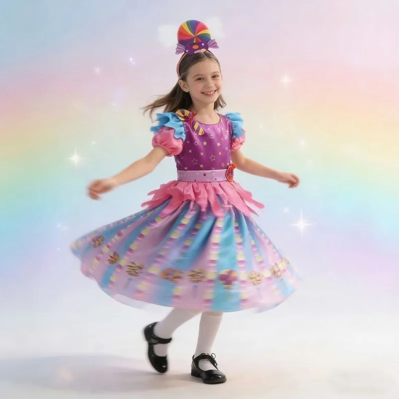 

Rainbow Candy Cosplay Costume Princess Dress with Hairband Full Set School Stage Performance Outfits for Girls Theme Party