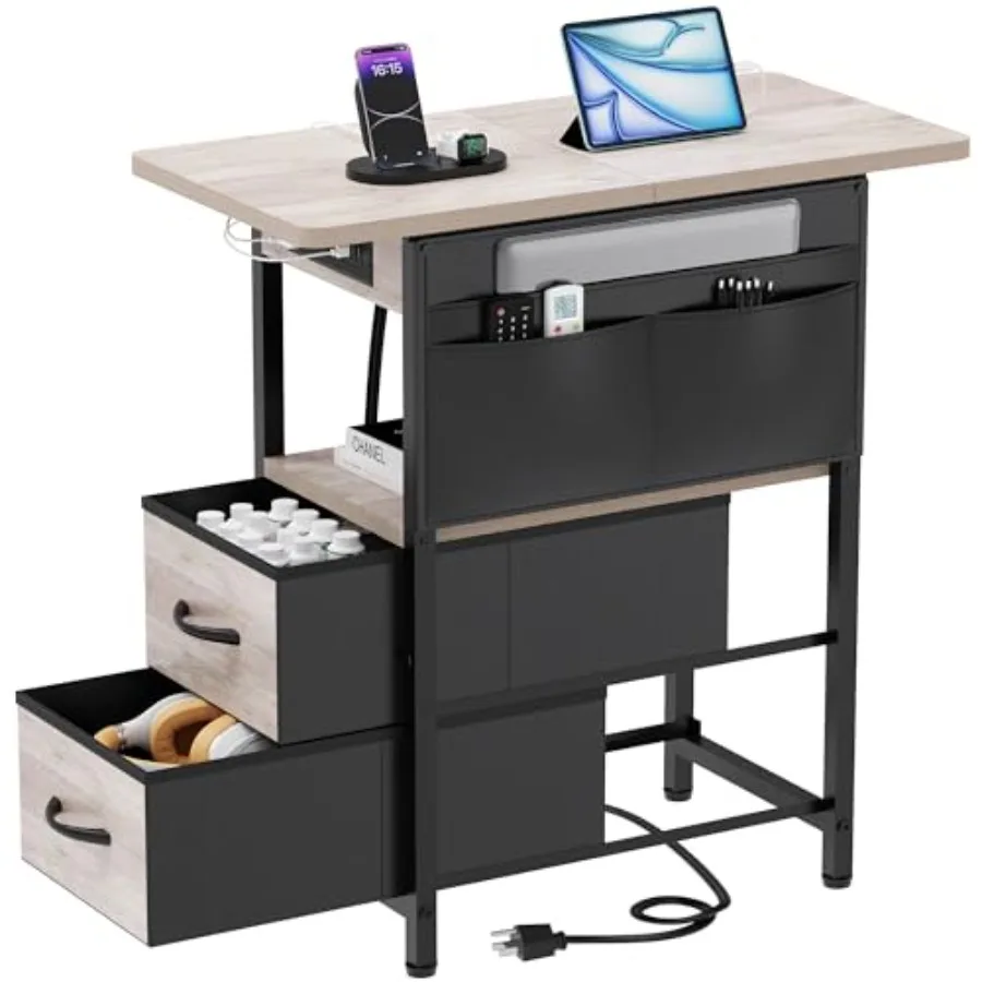

Small Side Table with Charging Station Narrow Nightstand with Storage Pocket for Bedroom or Living Room Sofa End Table with USB