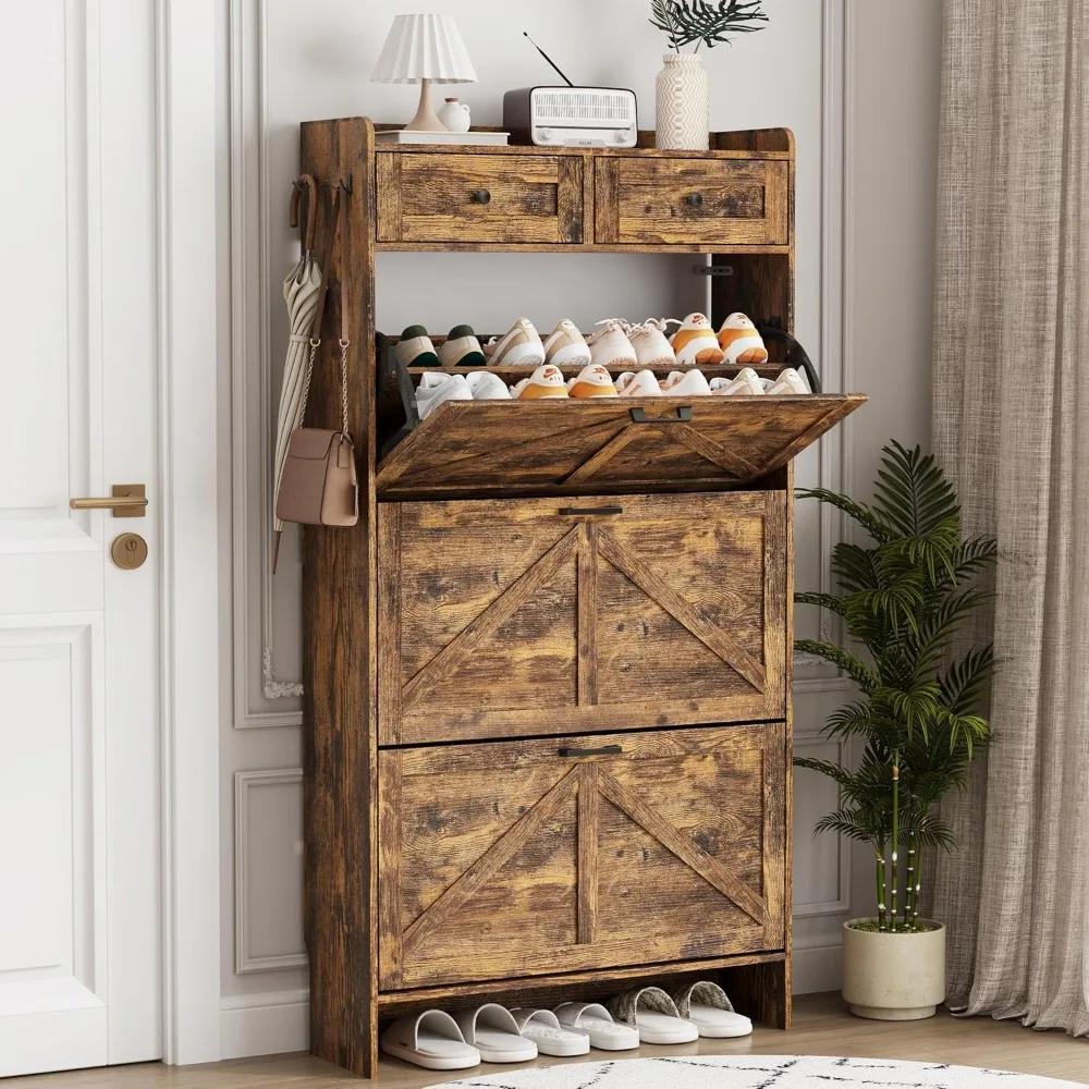 

Shoe Cabinet, 57" Tall Narrow Wooden Shoe Storage Organizer for Entryway, Shoe Rack for Hallway, Living Room, Brown