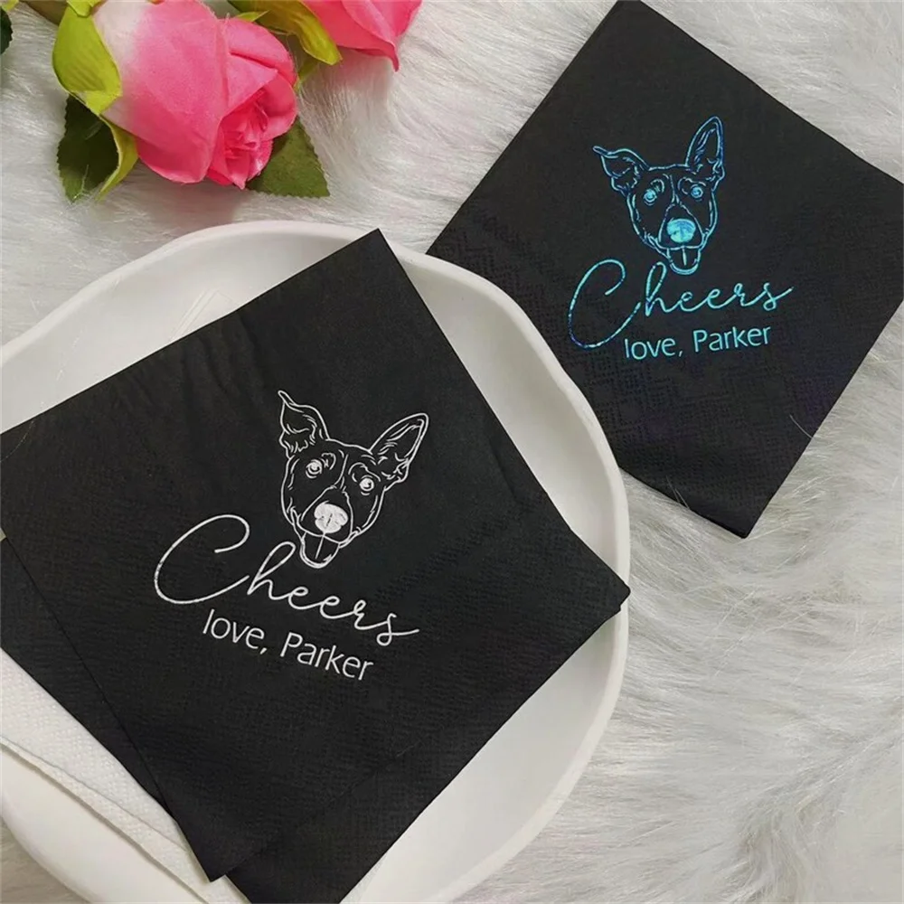 

50PCS Custom Illustrated Dog Blue Foil Wedding Napkins,Custom Silver Foil Pet Wedding Napkins, Custom Cocktail Napkins, Personal