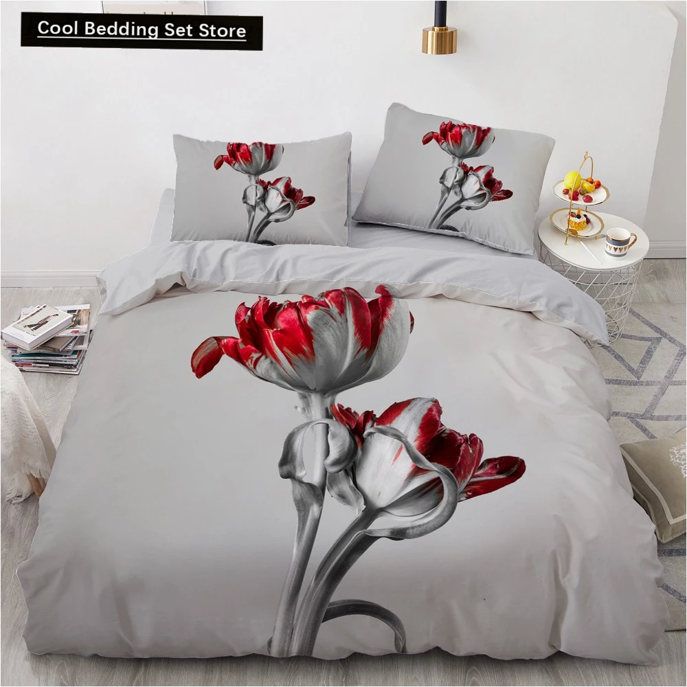 

Red Floral King Queen Full Duvet Cover 3D Romantic Flowers Bedding Set for Kids Teens Adults Plant Grey 2/3pcs Soft Quilt Cover