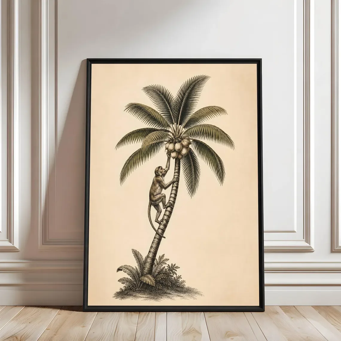 Vintage Monkey in Palm Tree , Antique Tropical Botanical Print, Colonial Jungle Art