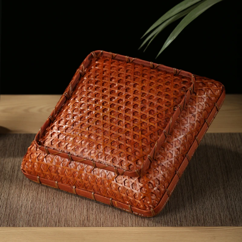 

Retro Handmade Bamboo Basket Woven Storage Desktop Snack Dried Fruit Blue Living Room Home Chinese Tea Cake Tray Knitted Basket