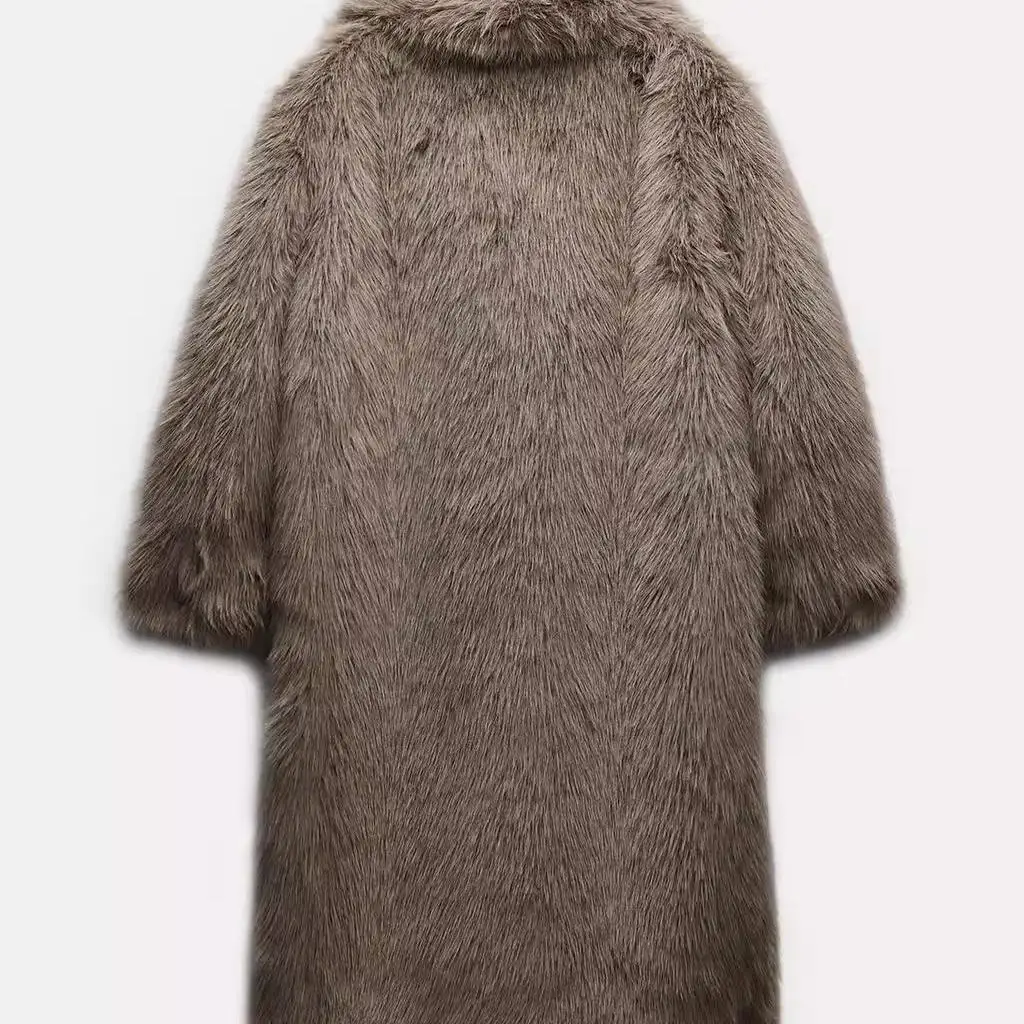 معطف طويل أنيق بتأثير الفرو الصناعي، ملابس نسائية جديدة لفصلي الخريف والشتاء، ياقة على شكل V مع تفاصيل الجيوب، ملابس خارجية س...