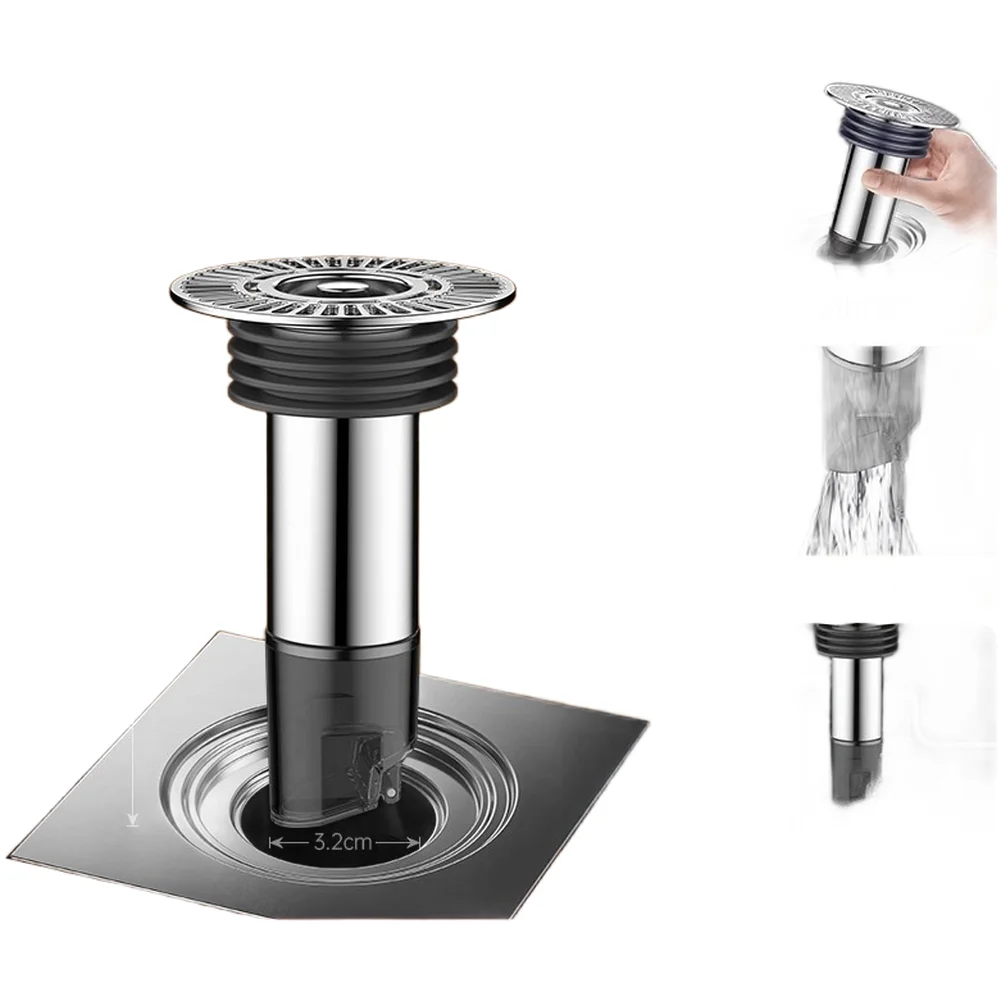 Extended Floor Drain Core Cover in Stainless Steel with Silicone Seal and Hair Filter to Block Sewer Gas and Prevent Clogs