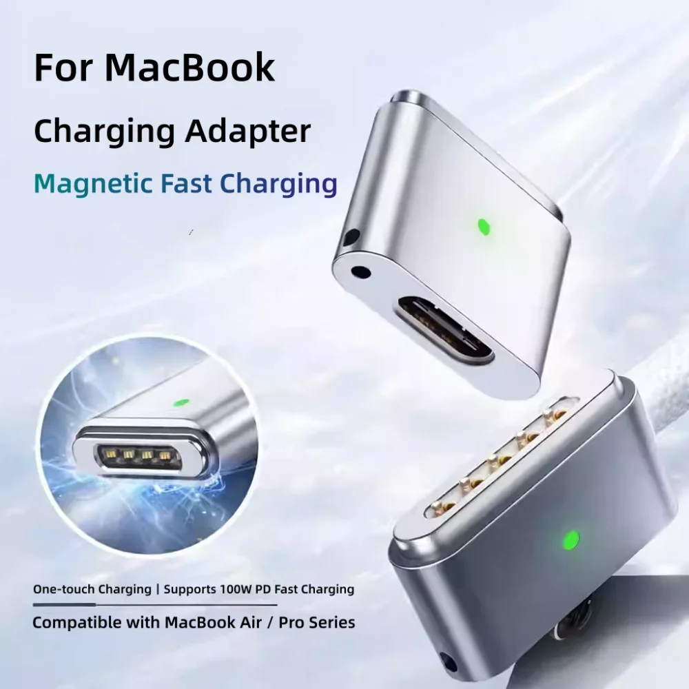 100W PD Type-C to MagSafe 3 Magnetic Fast Charging Adapter, compatible with MacBook Air/Pro M1, M2, M3, M4, compact and portable