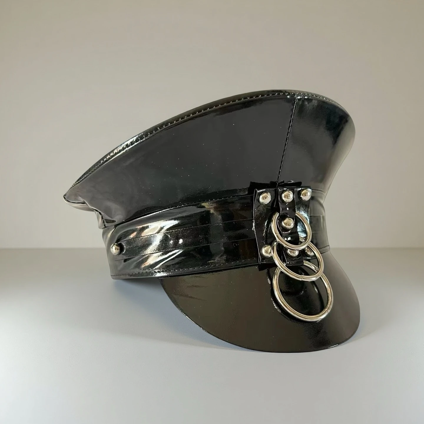 Unisex Faux Leather Army Cap, Silver Hoop, Black Costume Props, Cosplay, Festival Captain Hat, Hip Hop, Steampunk, Christmas