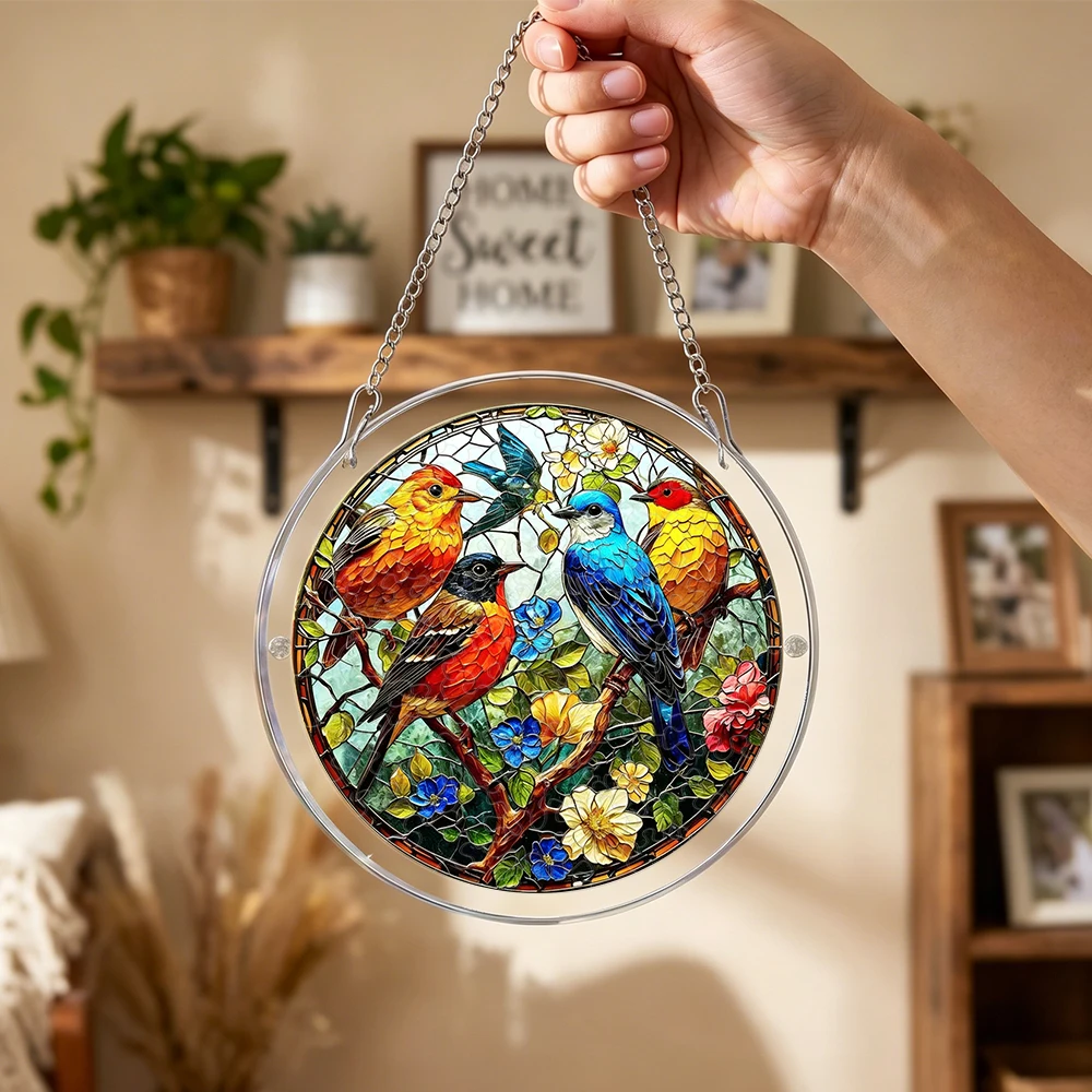 Stained Glass Birds & Floral Acrylic Puzzle Suncatcher, 18cm/20cm Round Window Hanging Decor