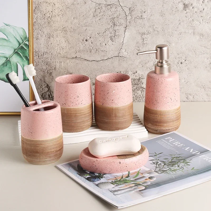 

Portable Soap Dish Ceramic Soap Dispenser Toothbrush Holder Bathroom Accessories Pink Lotion Bottle Mouth Cup
