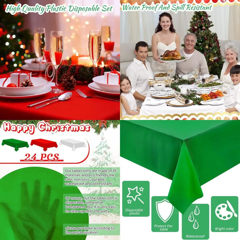 

Waterproof Plastic Tablecloth Set for Christmas, 54x108 Inches, 24 Pieces, Red, Green, White for Family Gatherings and Party Dec