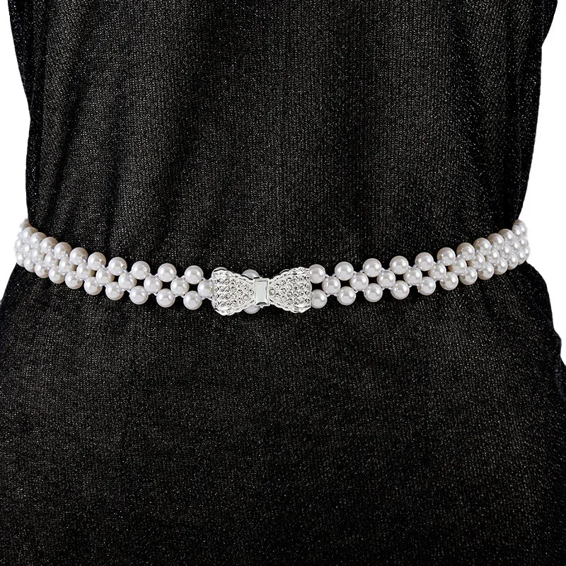 Pearl Waist Chain Womens Large Pearl Inlaid Diamond Elastic Belt Skirt Dress Clothing Waist Decor Beaded Belt Bow Tie Buckle