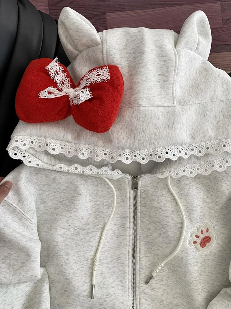 Lace Patchwork Bow Hoodies Women Sweet Fall Letter Print Cute Loose Sweatshirt Casual Long Sleeve Vintage Zipper Lady Kawaii Top