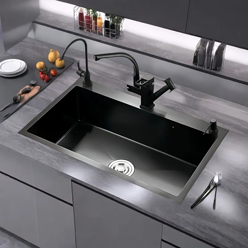 Kitchen sink modern stainless steel hanging sink rectangular design black surface soundproofing function durable easy clean