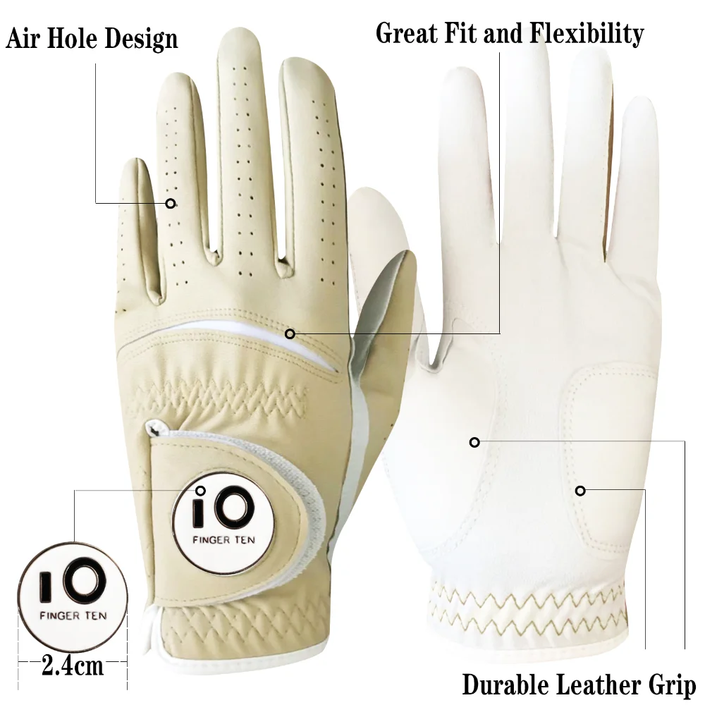 2 Pack PU Leather Mens Golf Gloves with Ball Marker Cabretta All Weather Grip Waterproof Navy Khaki Red Drop Shipping