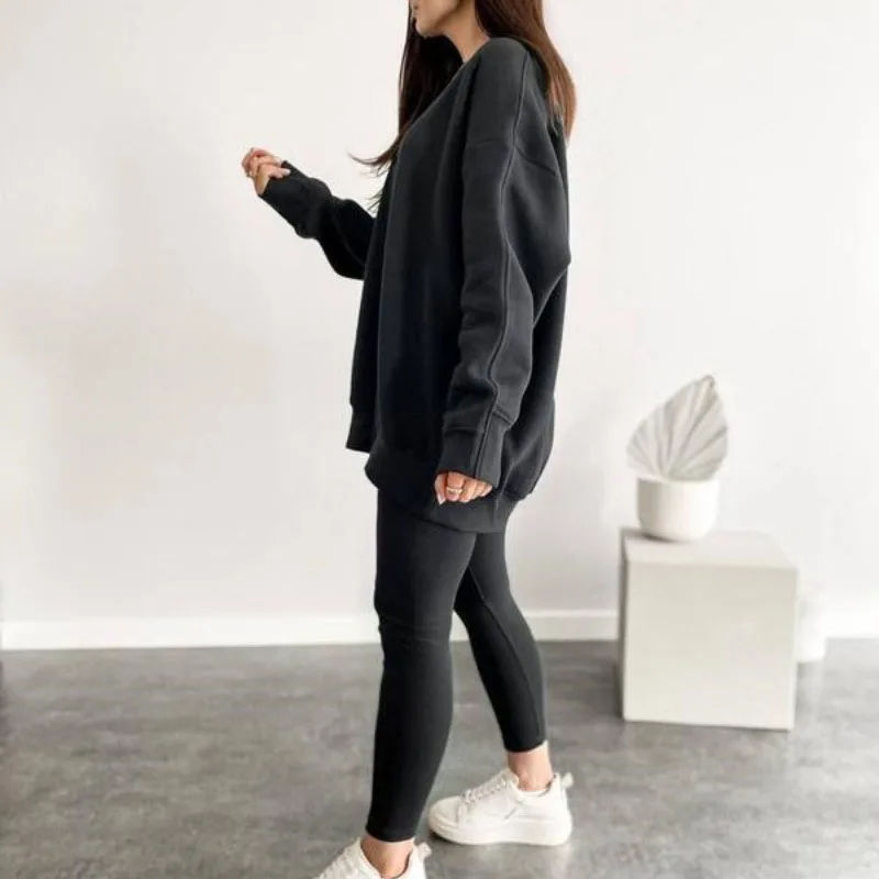 Setelan Olahraga Warna Solid Musim Gugur Musim Dingin Wanita Kasual, Atasan Sweatshirt Leher Bulat dan Celana Slim, Setelan 2 Potong Lengan Panjang