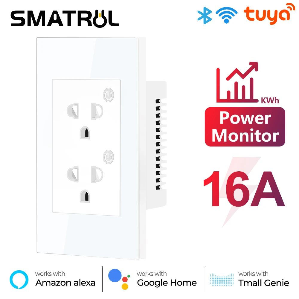 16A Tuya WiFi Bluetooth US EU Smart Socket Plug Adapter Power Monitor Wall Electrical On Off  Timer For Google Home Alexa