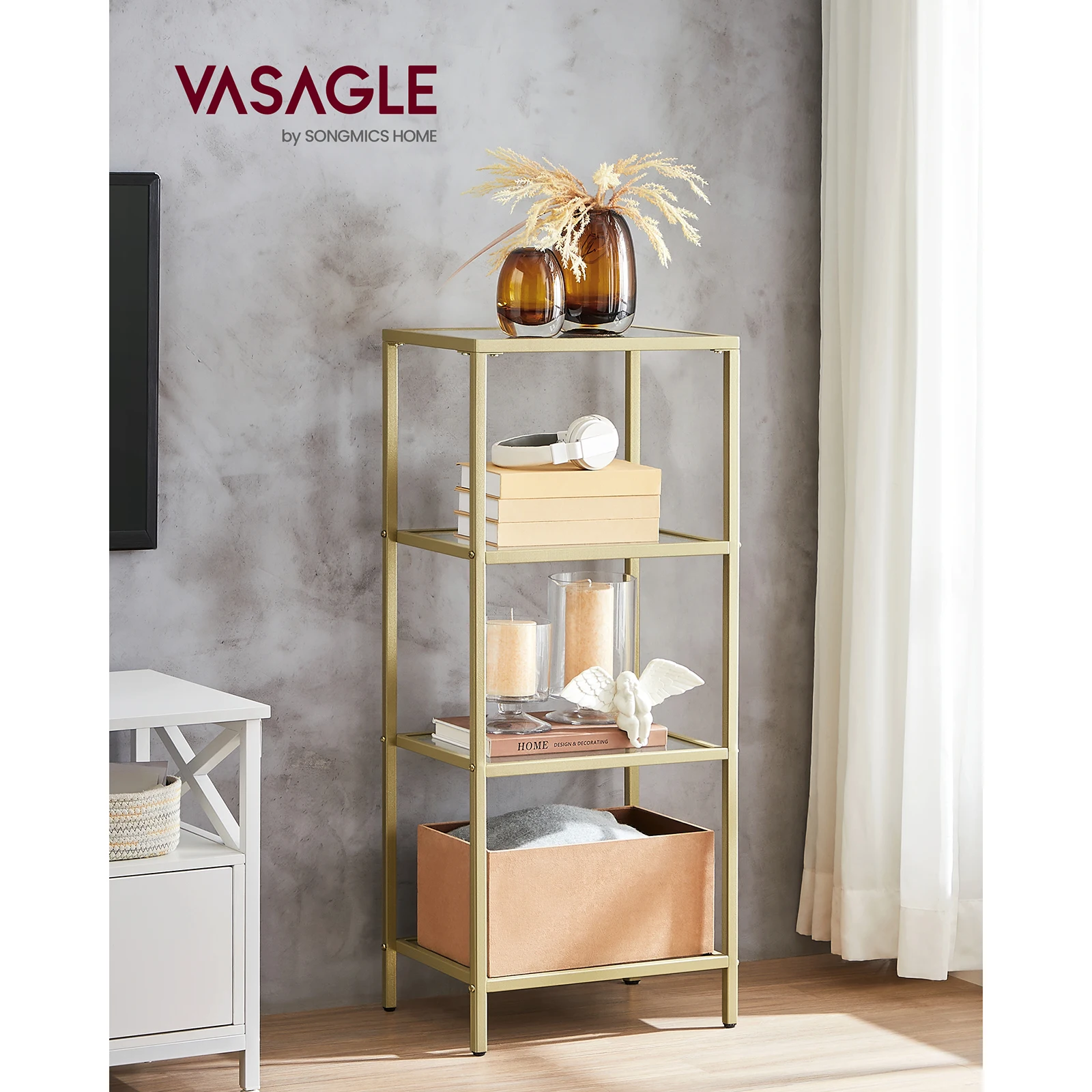 VASAGLE 4-Tier Glass Shelf Bookcase. Easy Assembly, Ideal for Bathroom, Living Room, Bedroom, Offic