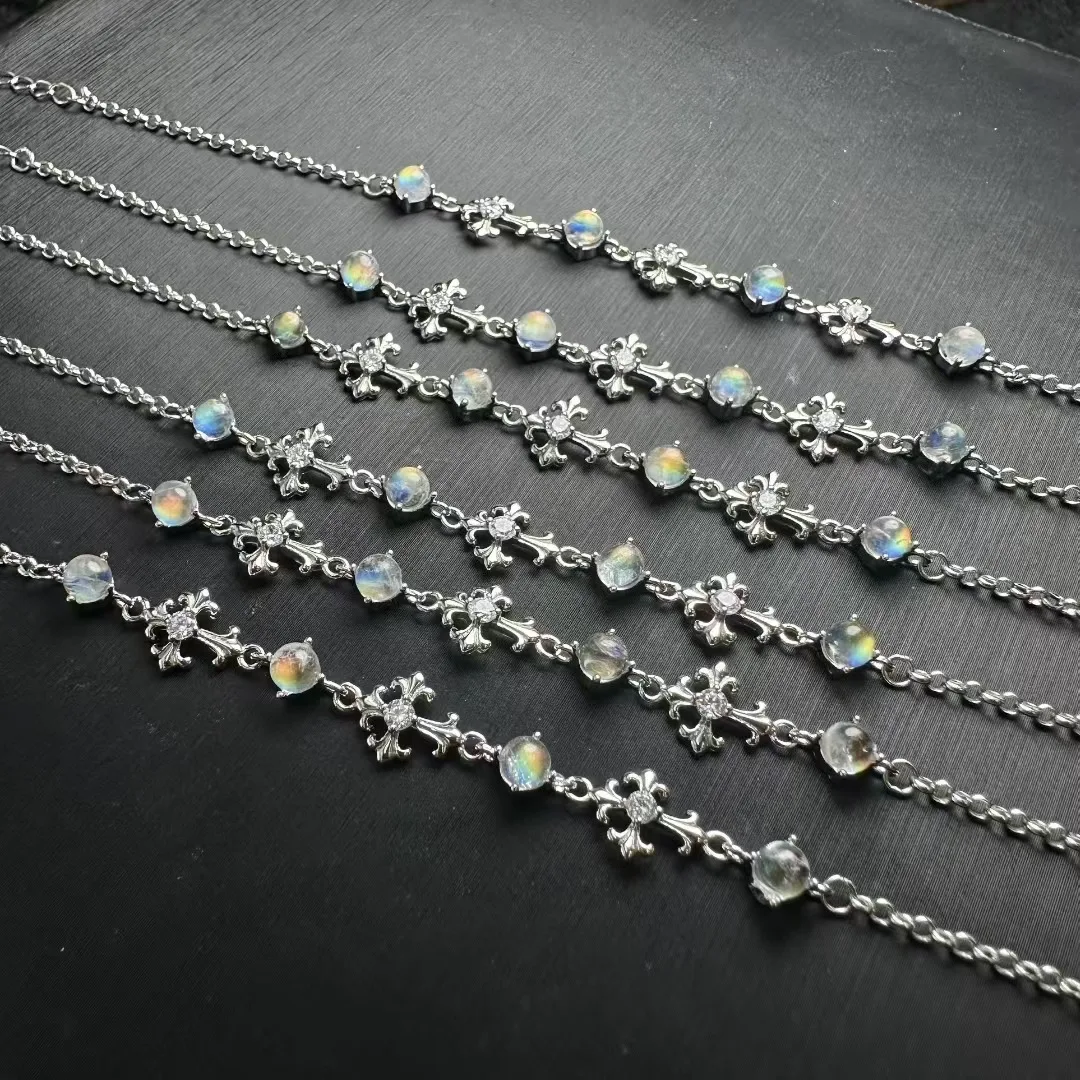 1Pc Fengbaowu Natural Madagascar Blue Moonstone Bracelet 925 Sterling Silver Reiki Healing Stone Jewelry Gift For Women Men