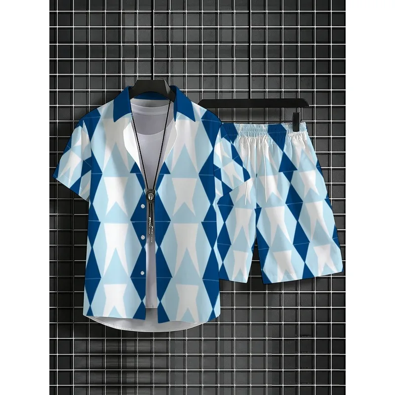 Men's Geometric Print Short Sleeve Shirt and Shorts Set，Lightweight polyester summer beachwear，Blue and white patterned casual w view 3