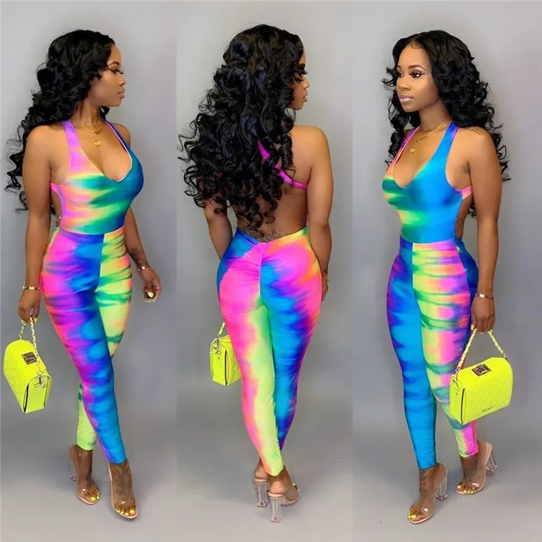 Ladies' suspender printed jumpsuit sexy backless U-neck color gradient women's clothing 2024 autumn hot item