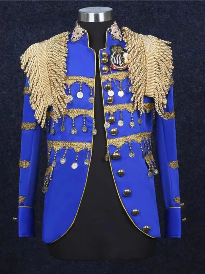 

Black Blue Men Jacket Singer Tassel Atmospheric Performance Costume Nightclub Bar DS Stage Wear Rock Personality Dance Outfit