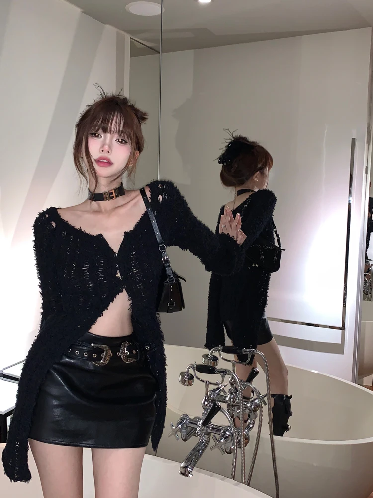 Y2k Aesthetic V-neck Cardigan Women Korean Fashion Vintage Solid Fluffy Knitted Coat Streetwear Grunge Harajuku Sexy Tops Jumper