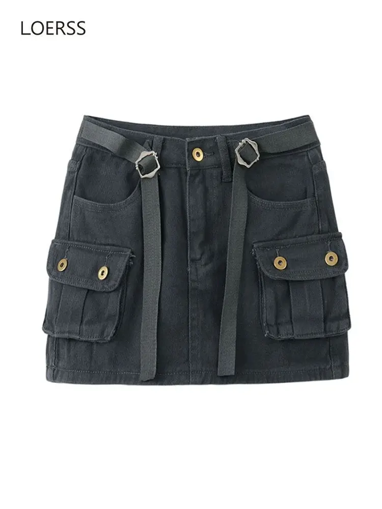 

LOERSS Denim Skirt Cargo Cowboy Slim Mini Skirts for Women's High Waist Vintage A-line Short Skirts Y2K Harajuku Streetwear