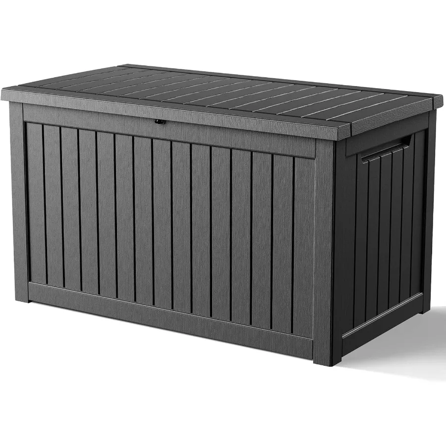 Outdoor storage box for patio furniture and garden tools: 320-gallon waterproof UV-resistant resin deck box in gray with hydrau
