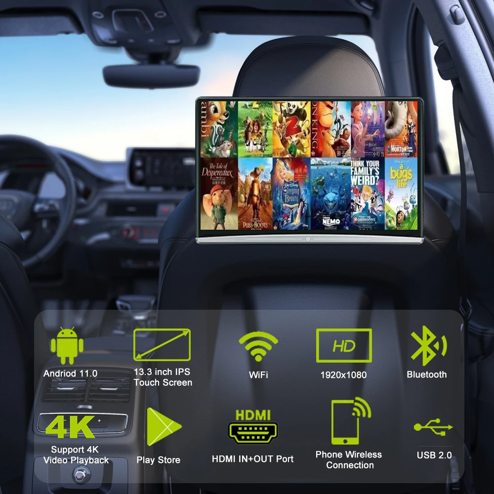 Auto Rücksitz Unterhaltung IPS TV 13,3" Android Touchscreen Auto Kopfstütze Bildschirm Unterstützung 1080P HD
