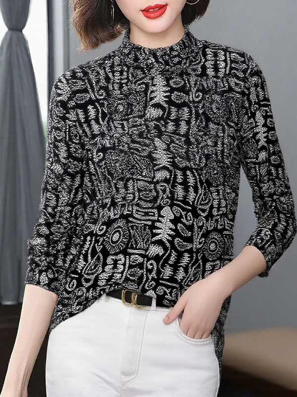 

Elegant Leopard Print High Collar Long Sleeve Base Shirt Women's Midlife Mommy Fashion Inner Warm Top Stylish Anti-Aging