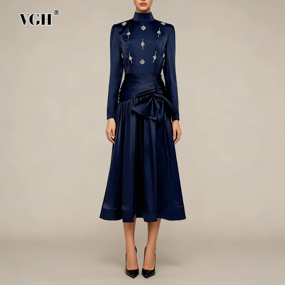 

VGH Retro Modern Palace Style Dress for Women Stand Collar Tunic Patchwork Bandage Chic Satin Glitter Evening Dresses Female New