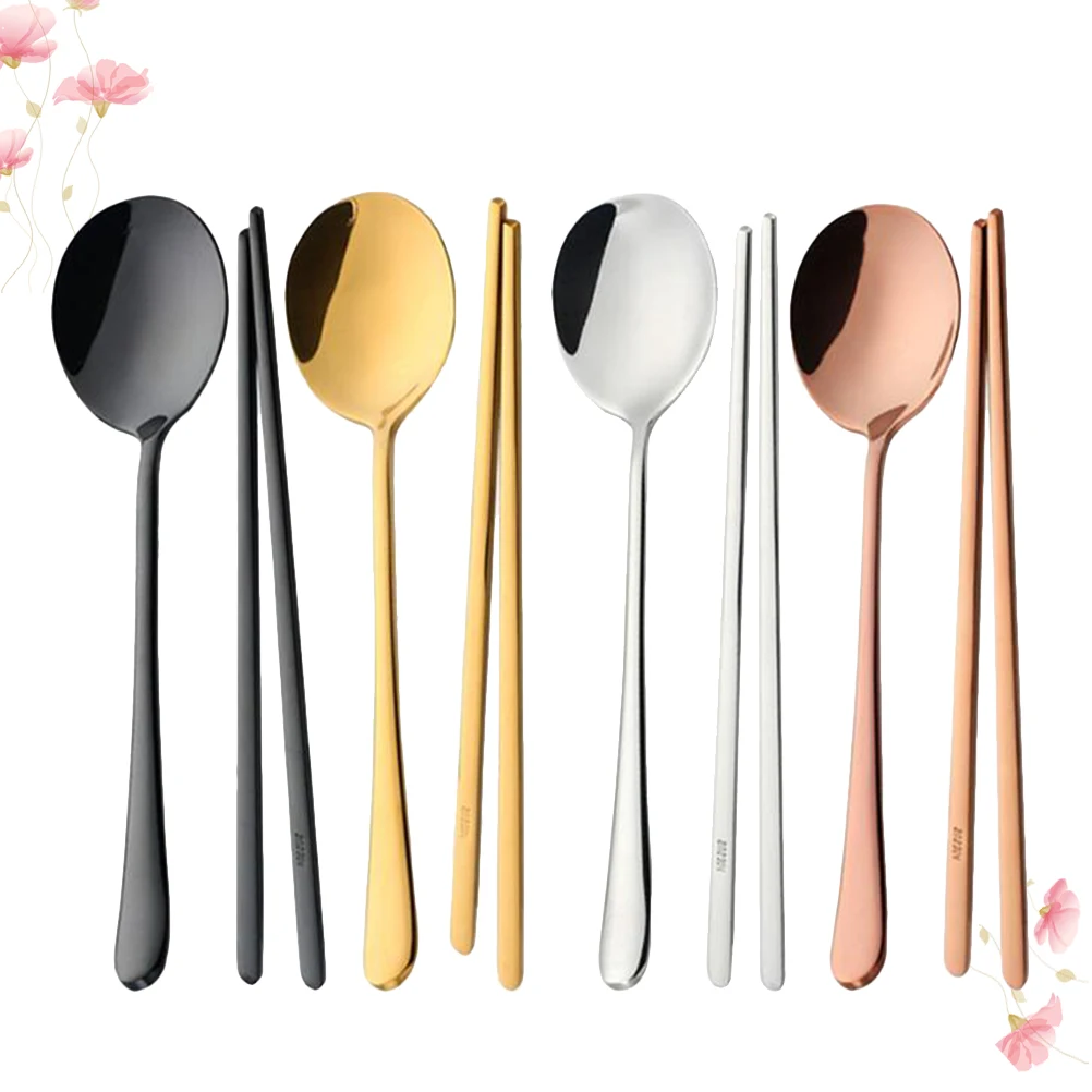 

4 Sets Stainless Steel Cutlery Dinner Service Tableware Scoops Portable Kit Korean Style Chopstick Wide Flat Modern