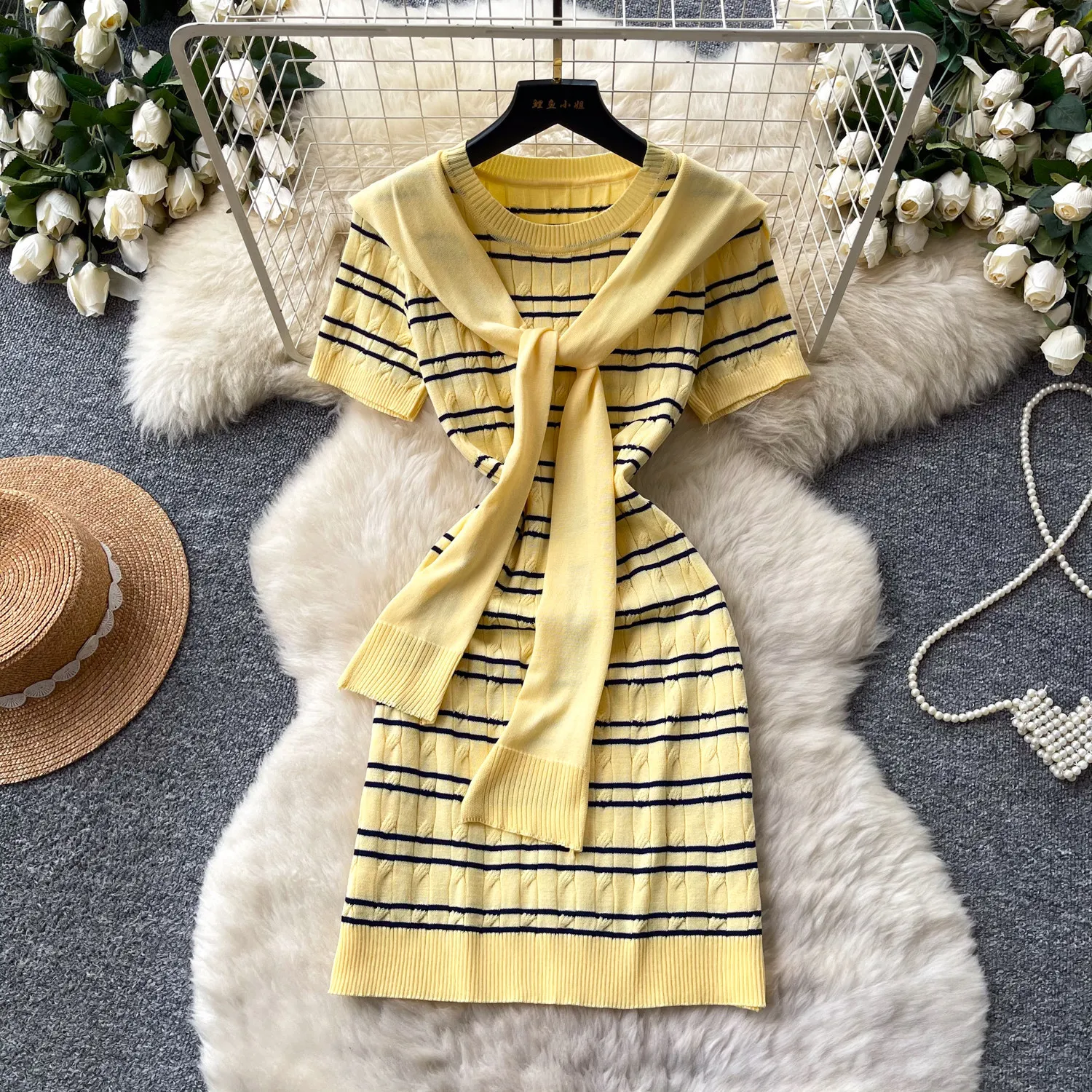 

Dress Women Mid Length Dresses Striped Vestidos Y2k Streetwear Round Neck Short Sleeve Hip Wrap Elegant Knit Party Night 2026