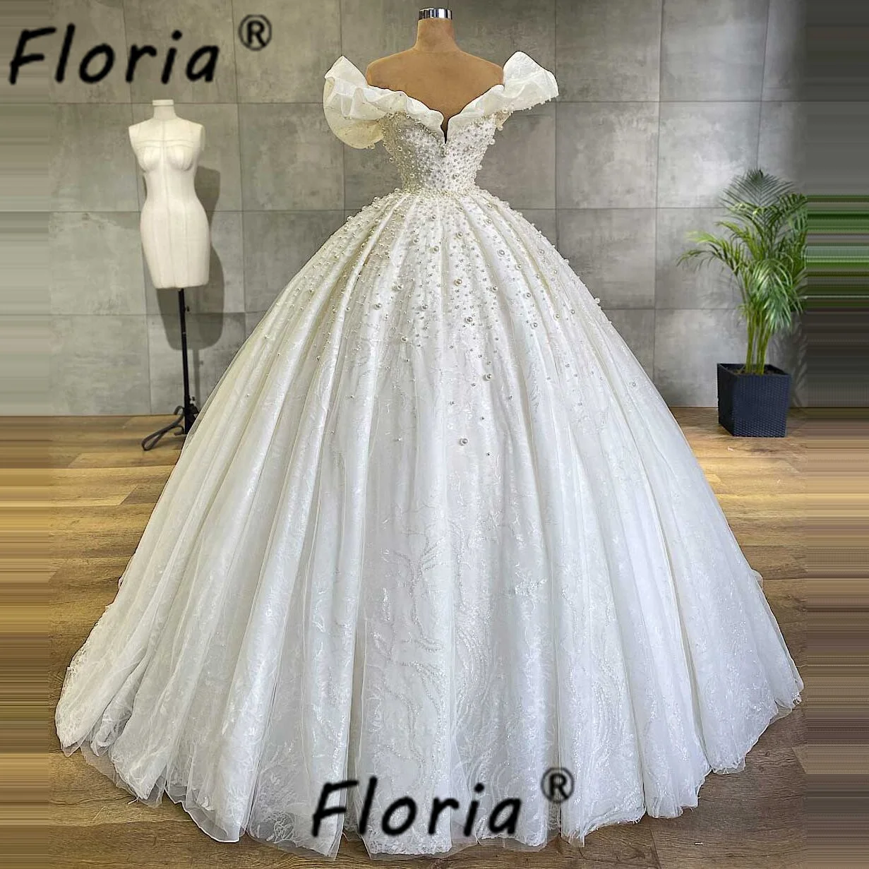 Luxury Off Shoulder Dubai Wedding Dress Fully Pearls Crystal Beaded Bridal Dress Princess vestidos de gala mujer elegante 2024